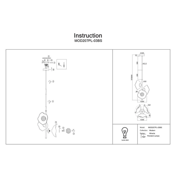 Sufitowa lampa dekoracyjna Miracle MOD207PL-03BS mosiądz przezroczysta