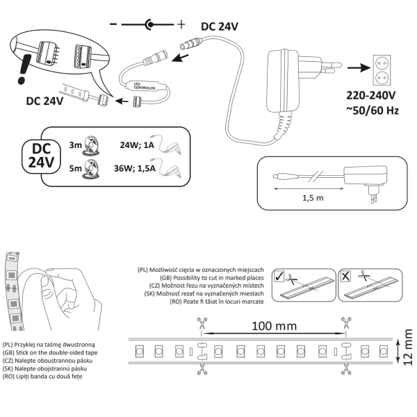 Taśma LED 319302 Polux 34W RGBW+4000K IP65 zasilacz ze sterownikiem pilot RF