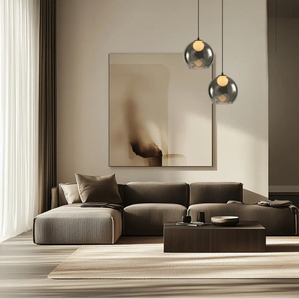 Lampa szklana wisząca nad wyspę Brin 31-38333 ball do sypialni przydymiona
