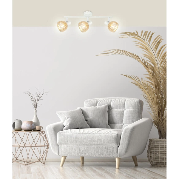 Drewniana lampa przysufitowa 93-68095 potrójna listwa naturalna biała
