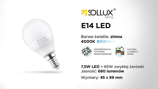 Żarówka ledowa E14 A45 SL.0971 4000K barwa neutralna 7,5W 680lm