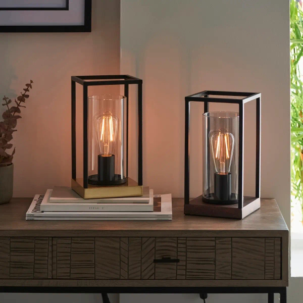 Industrialna stołowa lampa Caleb 93036 ramka czarna brązowa