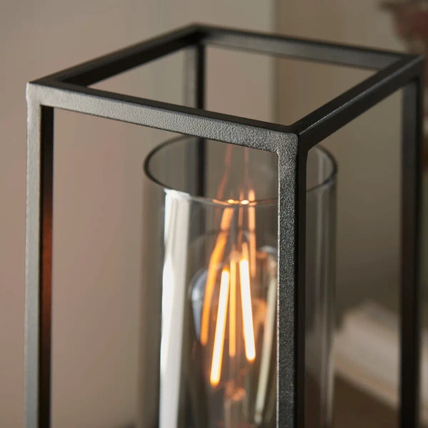 Industrialna stołowa lampa Caleb 93036 ramka czarna brązowa
