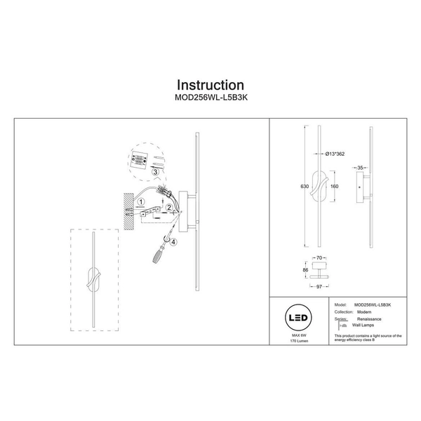 Kinkiet ścienny Renaissance MOD256WL-L5B3K LED 6W 3000K czarny biały