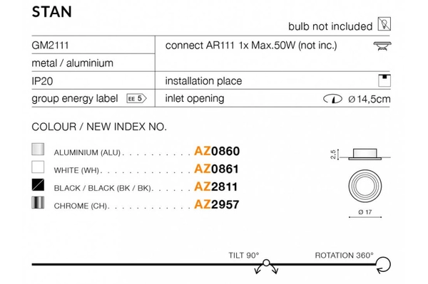 Regulowana lampa sufitowa wpust Stan AZ2811 do kuchni czarna