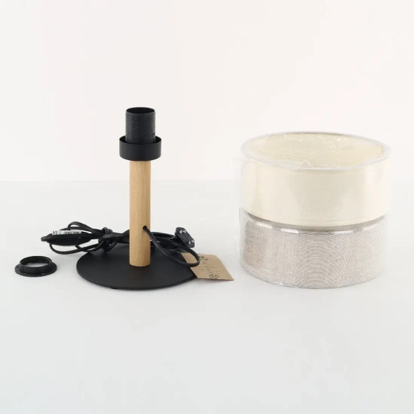 Stołowa nocna lampka Eco 5596 lniany abażur sosna beżowy czarny