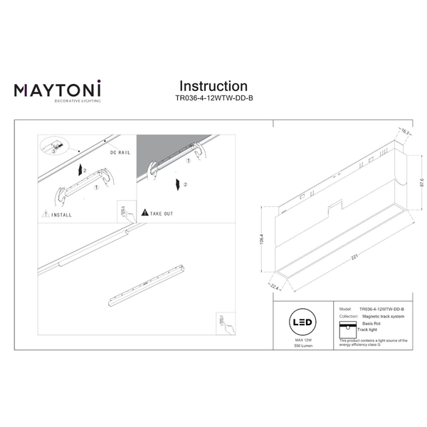 Oprawa magnetyczna DALI Basis TR036-4-12WTW-DD-B LED 12W 2700-6000K czarna