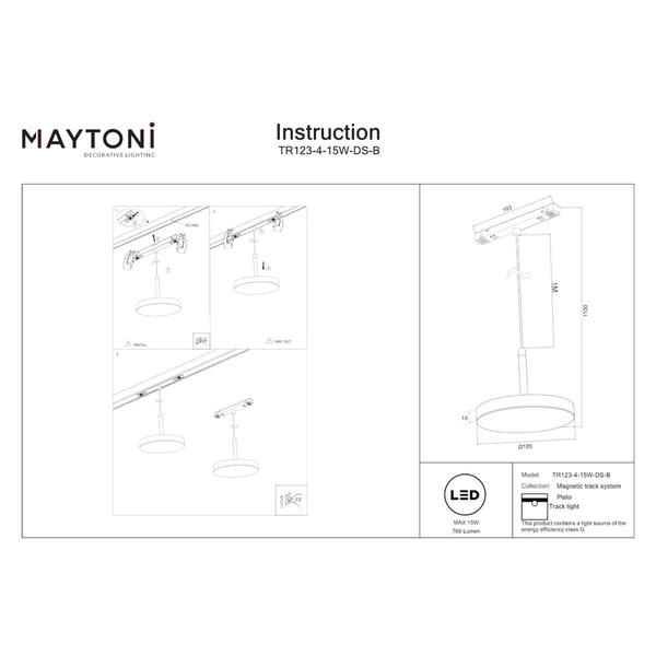 Sufitowa lampa do szyny Plato TR131-2-15W3K-B LED 15W 2700-6000K czarny
