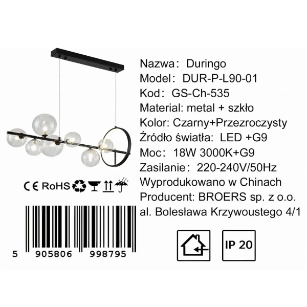 Szklana wisząca lampa DURINGO CGDURINGO90BK LED 18W 3000K kule czarny