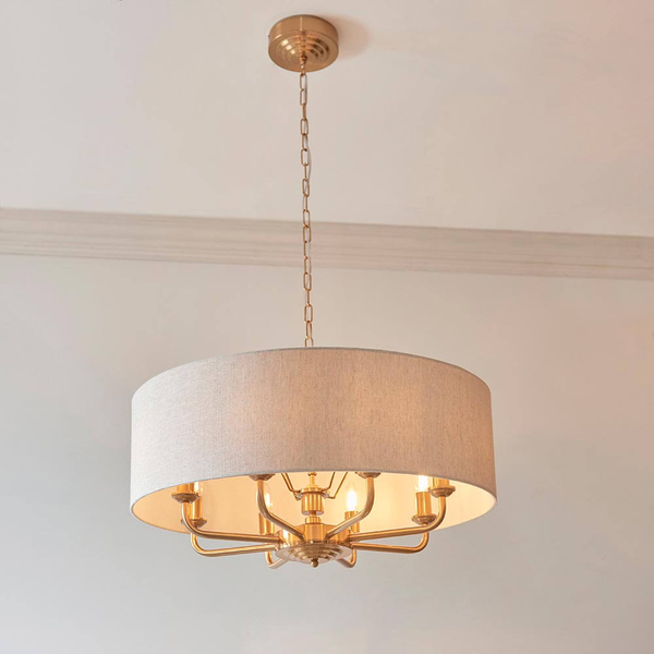Okrągła lampa wisząca Highclere 110727 materiałowa mosiądz beżowy