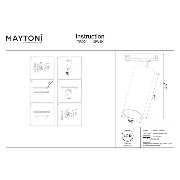 Regulowana lampa do szynoprzewodu Focus TR021-1-12W4K LED 12W 4000K 1-fazowa biała
