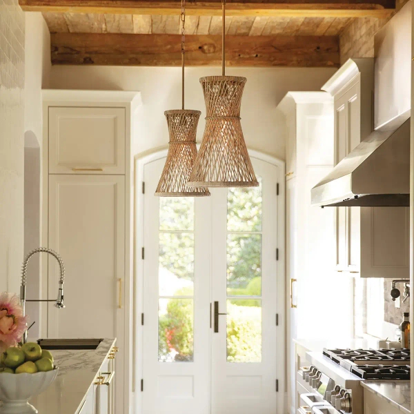 Rattanowa wisząca lampa Twyla QN-TWYLA-1P-BNG ażurowa złota