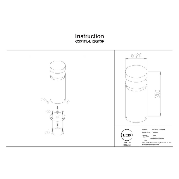 Lampa stojąca zewnętrzna Olten O591FL-L12GF3K LED 12W 3000K IP65 grafitowa