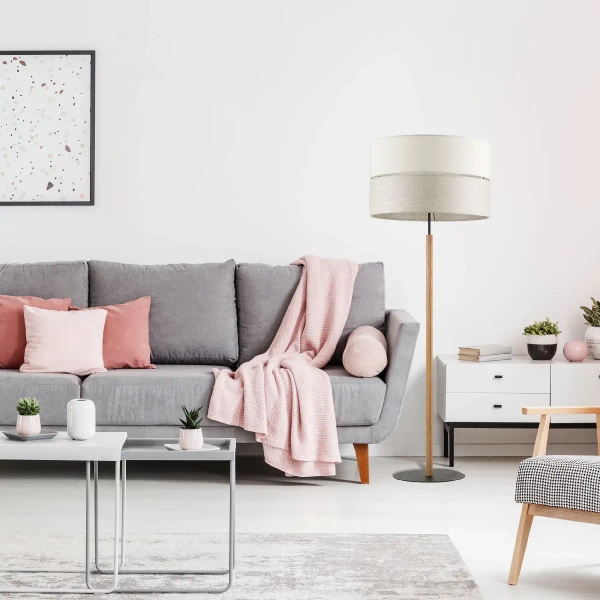 Podłogowa lniana lampa Eco 5597 tuba sosna biały beżowy