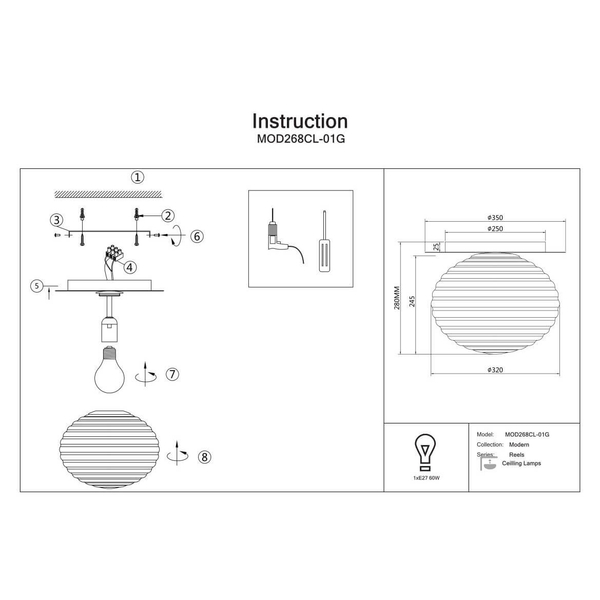 Lampa nasufitowa Reels MOD268CL-01G Maytoni bańka do salonu złota biała