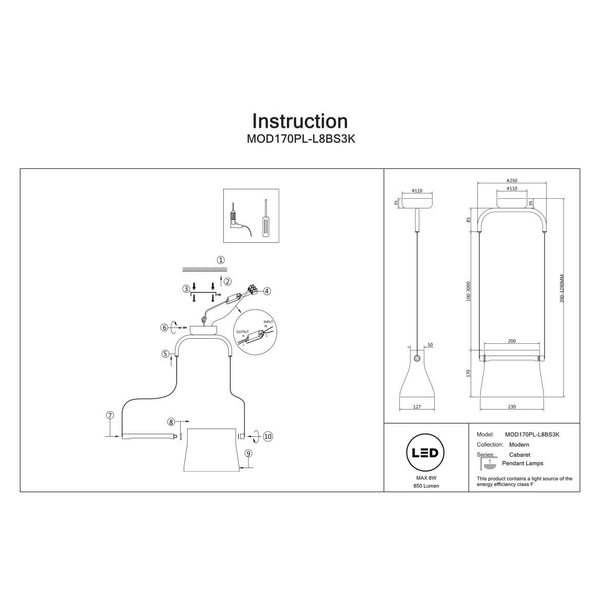 Lampa wisząca Cabaret MOD170PL-L8BS3K LED 8W 3000K przezroczysty mosiądz