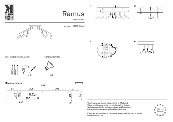Lampa sufitowa 6-punktowa Ramus na wysięgnikach czarna
