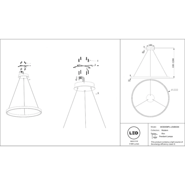 Metalowa wisząca lampa Rim MOD058PL-L54BS3K LED 61W mosiądz