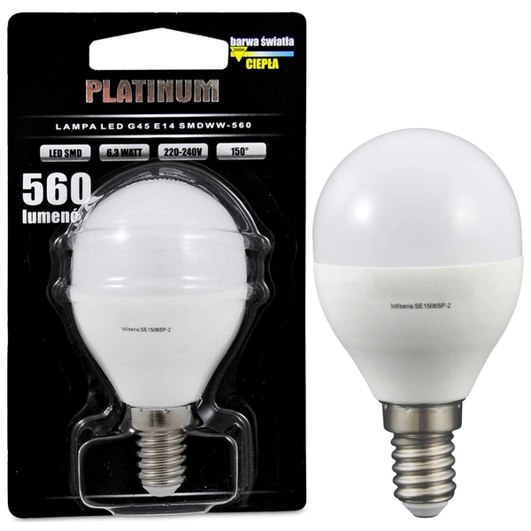 Żarówka PLATINUM 303936 Polux E14 G45 LED 6,3W 560 lm 230V kulka biała ciepła 3000K