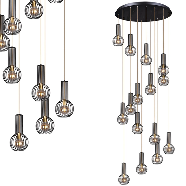 Druciana LAMPA wisząca KP-15 Kaja industrialna OPRAWA metalowe klatki ZWIS kaskada czarna złota