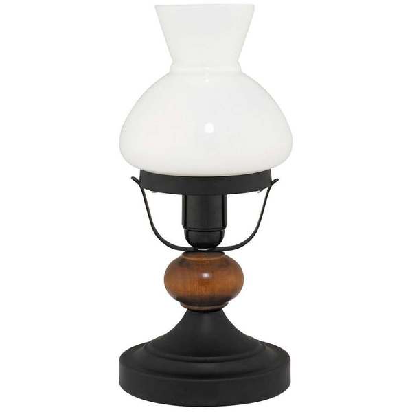 Stołowa LAMPA stojąca PETRONEL 7072 Rabalux metalowa LAMPKA nocna szklany klosz drewno czarna orzechowa szkło opalizowane