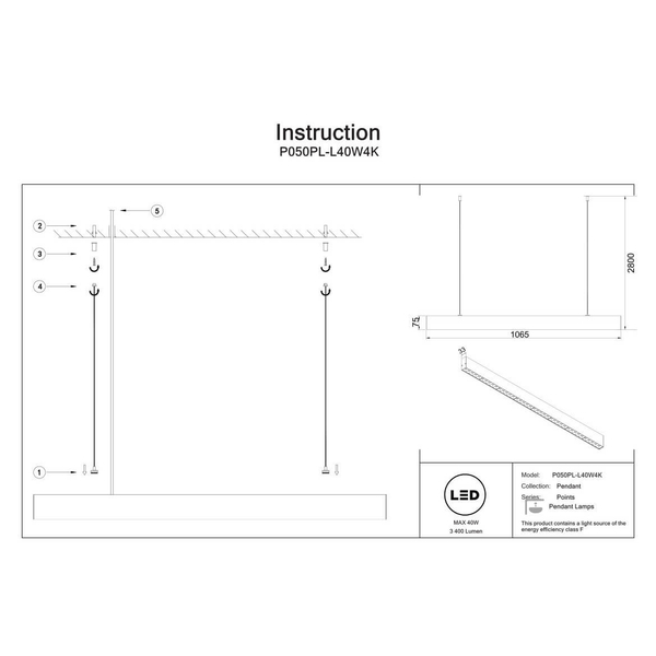 Wisząca lampa nad stół Points P050PL-L40W4K LED 40W 4000K listwa biała