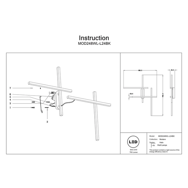 Ścienna lampa metalowa Halo MOD248WL-L24BK LED 24W 3000K ramki czarne