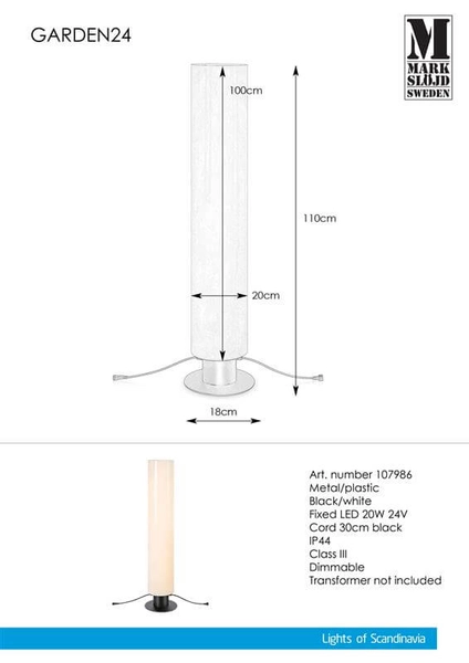 Stojąca lampa zewnętrzna Garden tuba na taras LED 20W biała