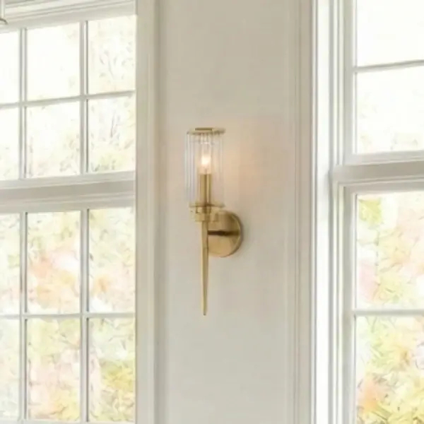 Kinkiet ścienny podłużny art deco HAVEN mosiężny metalowy szklany do salonu W01774BR