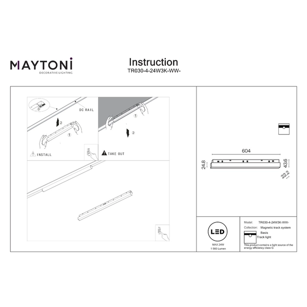 Podłużna oprawa magnetyczna Basis TR030-4-24W3K-WW-DS-B LED 24W 2700-6000K do szyny czarna