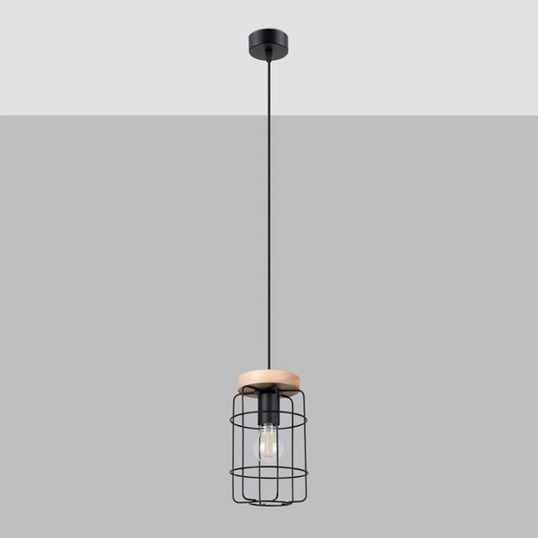 Loftowa lampa wisząca Gotto SL.1263 druciana cage drewniana czarna