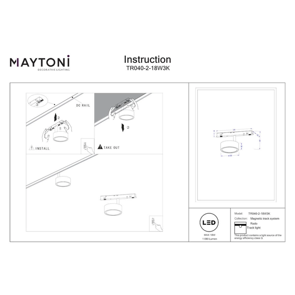 Szynowa sufitowa lampa magnetyczna Rado TR040-2-18W3K LED 18W 3000K czarna