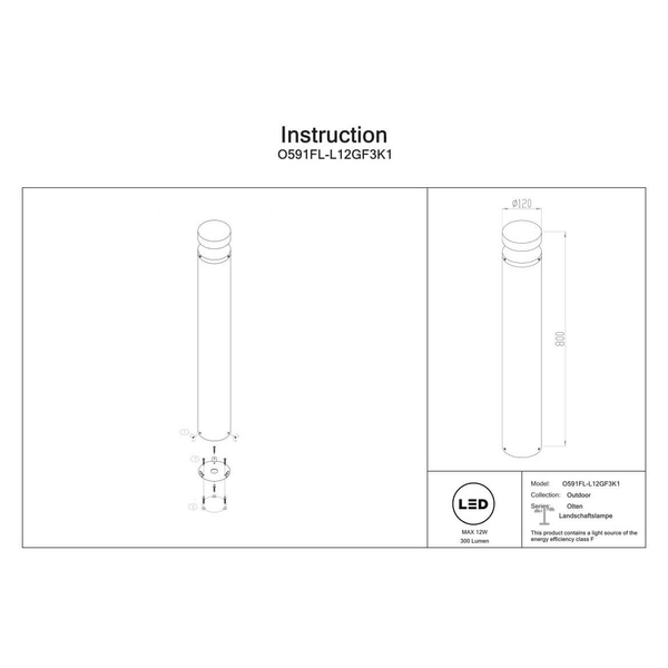 Słupek zewnętrzny Olten O591FL-L12GF3K1 LED 12W 3000K IP65 grafitowy