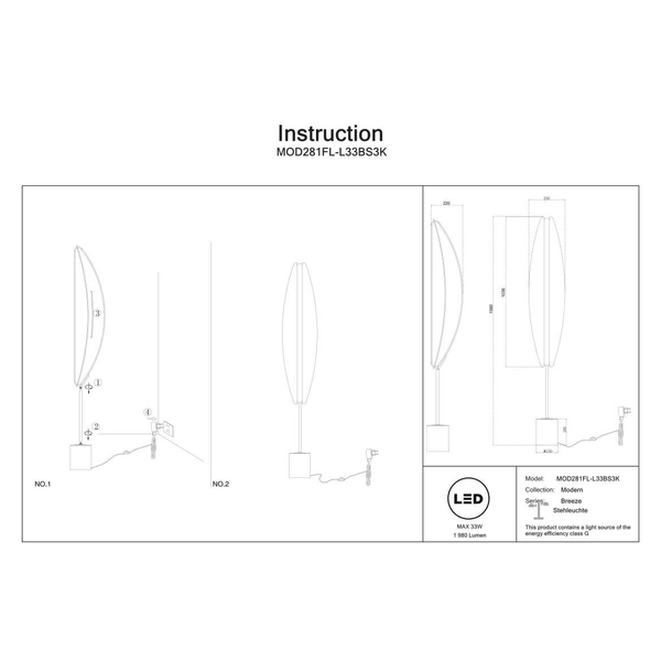 Podłogowa lampa Breeze MOD281FL-L33BS3K LED 33W 3000K przezroczysty mosiądz