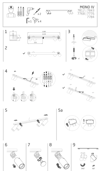 Lampa natynkowa na listwie Mono 7784 4-płomienna złote reflektorki