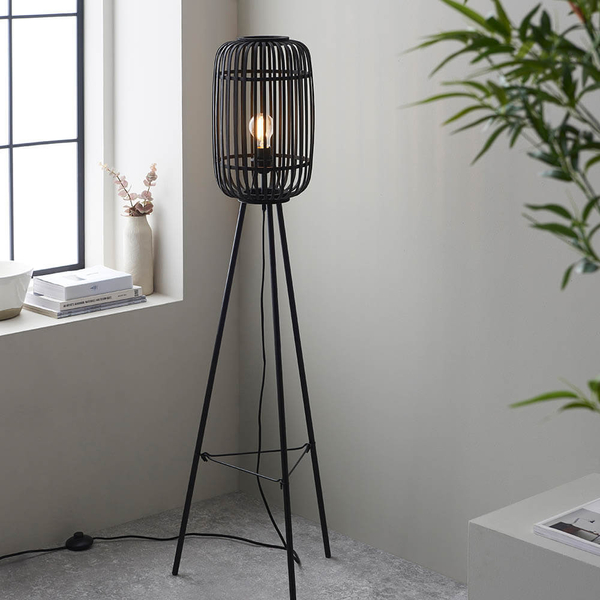Stojąca lampa na trójnogu Mathias 101697 z wtyczką klatka czarna