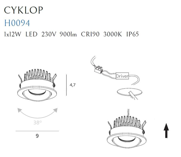 Wpust LAMPA sufitowa CYKLOP H0094 Maxlight podtynkowa OPRAWA metalowa do łazienki LED 12W 3000K oczko okrągłe IP65 białe