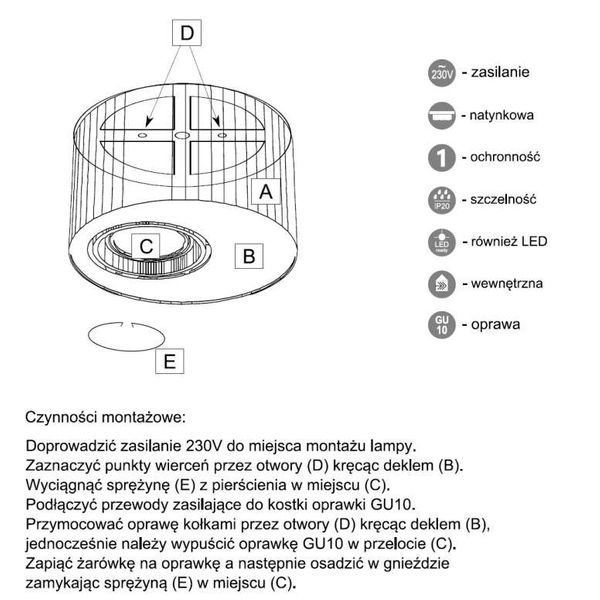 LAMPA sufitowa TOKI 1122 Shilo natynkowa OPRAWA plafon metalowy DOWNLIGHT do łazienki okrągły czarny