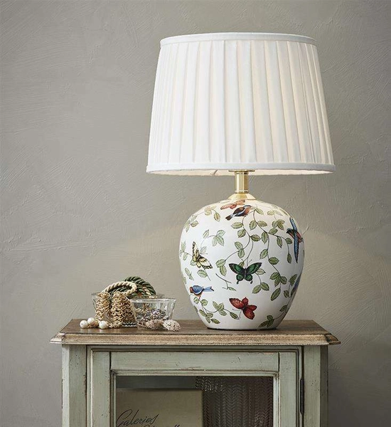Abażurowa LAMPA stołowa MANSION 107040 Markslojd ceramiczna LAMPKA klasyczna wzorki retro ptaki biały