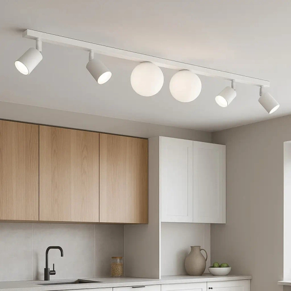 Lampa sufitowa na listwie kulista biała ANDI kula okrągła do jadalni regulowane tubki K-5497