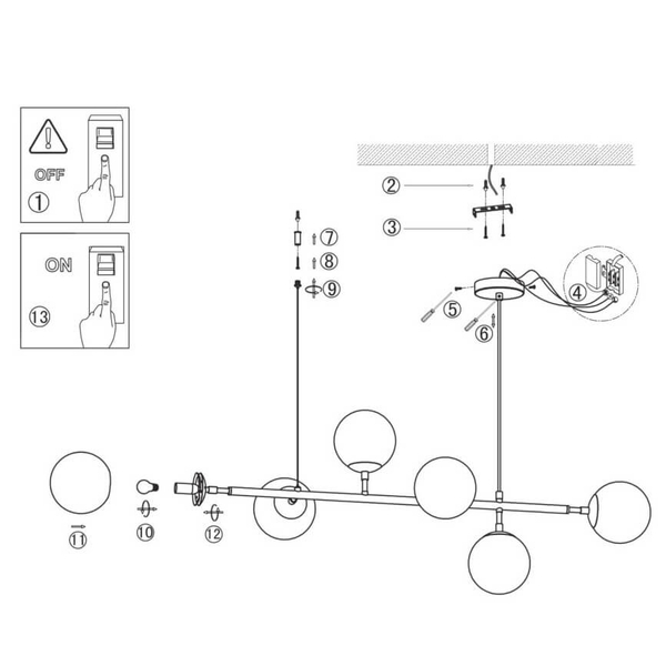 Modernistyczna lampa wisząca ALISA LP-005/6P BK/WH Light Prestige metalowa oprawa szklane kule zwis złoty biały