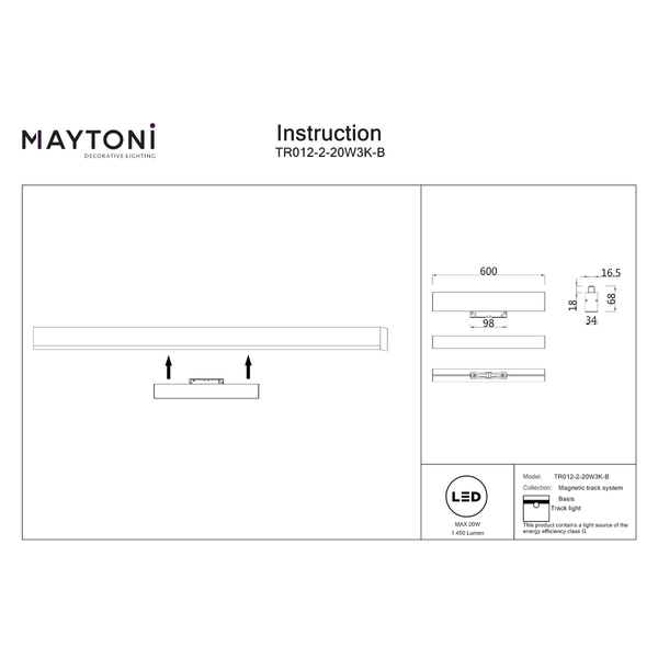Magnetyczna lampa do szynoprzewodu Basis TR012-2-20W3K-B LED 20W 3000K kuchenna czarna