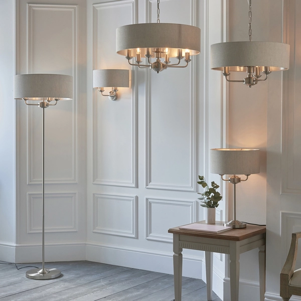 Lampa podłogowa Highclere 94359 Endon vintage z abażurem beż chrom