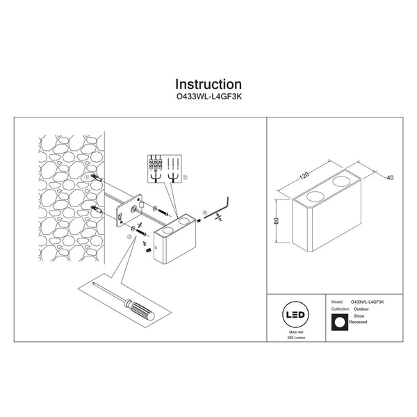 Kinkiet ścienny Show O433WL-L4GF3K IP54 LED 4W 3000K góra-dół grafitowy
