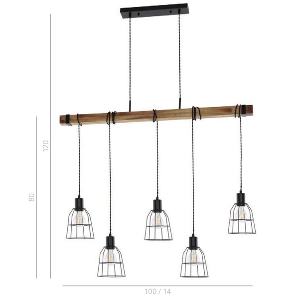Indutrialna LAMPA wisząca PONTE PND-4290-5-L Italux metalowa OPRAWA druciane klatki zwis drewniana belka drewno czarna