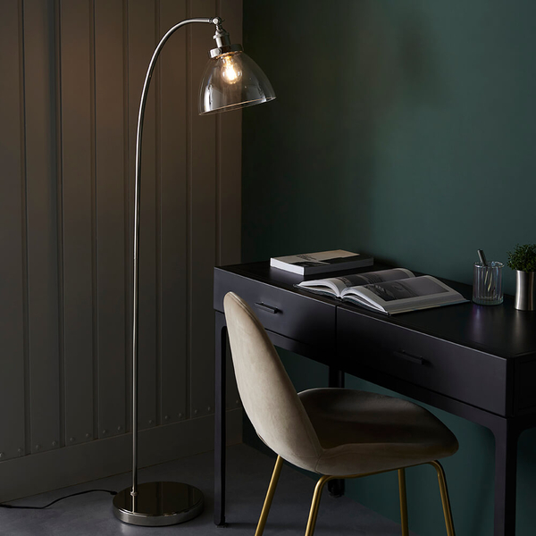 Podłogowa lampa łukowa Hansen 97591 szklana nikiel przezroczysta