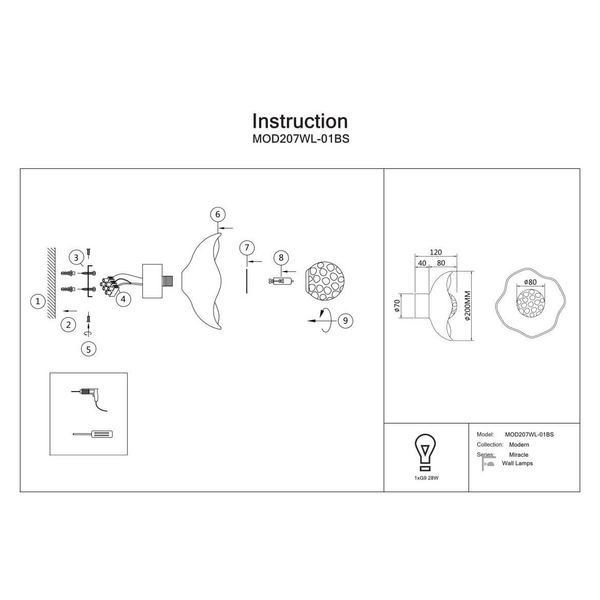 Kinkiet ścienny Miracle MOD207WL-01BS kwiat mosiądz przezroczysty
