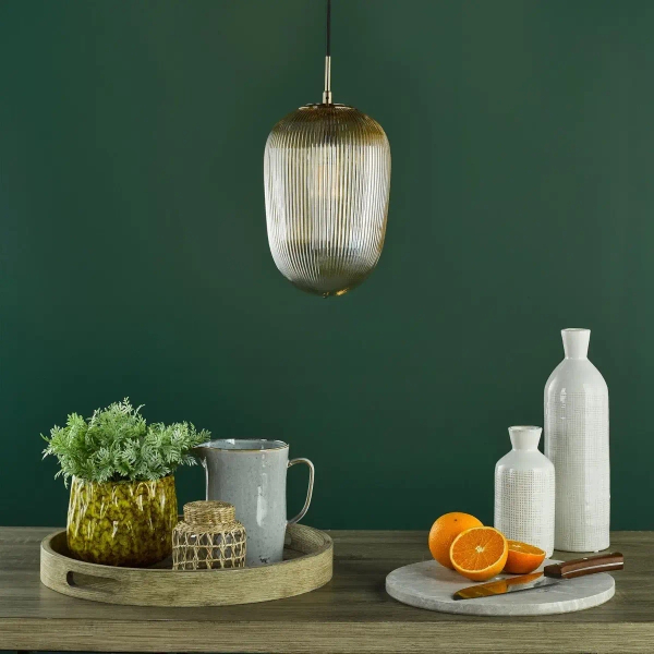 Szklana wisząca lampa Abrielle ABR0106 nad stół żebrowana bursztynowa