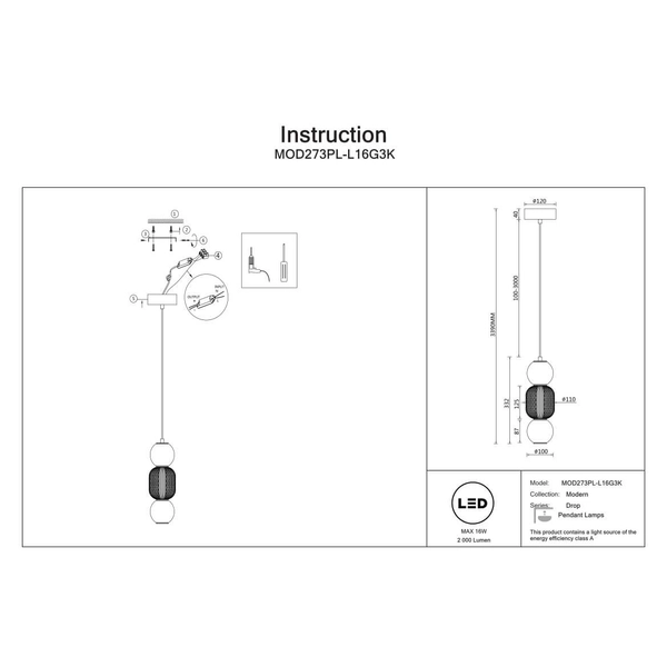 Wisząca lampa salonowa Drop MOD273PL-L16G3K LED 16W 3000K złoty bursztynowy