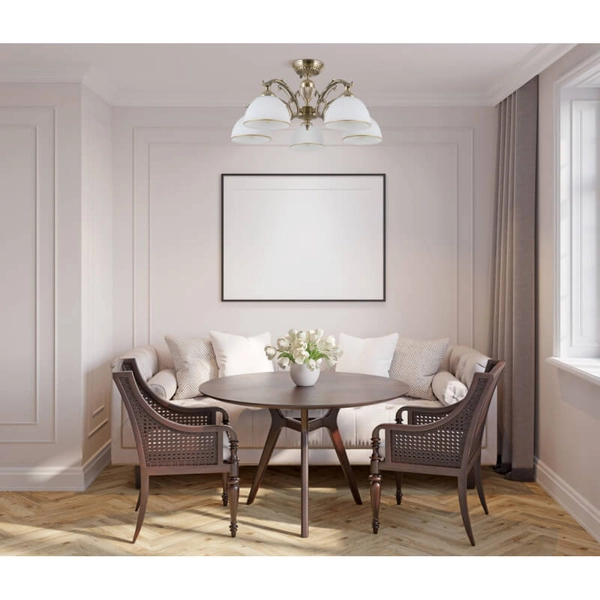 Jadalniana lampa sufitowa Feneza zdobiona mosiądz biała